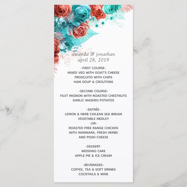 Turquoise et Coral Tropical Mariage Menu (Devant)
