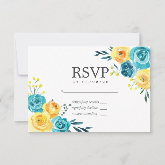 Turquoise et Jaune Floral Mariage RSVP (Devant)