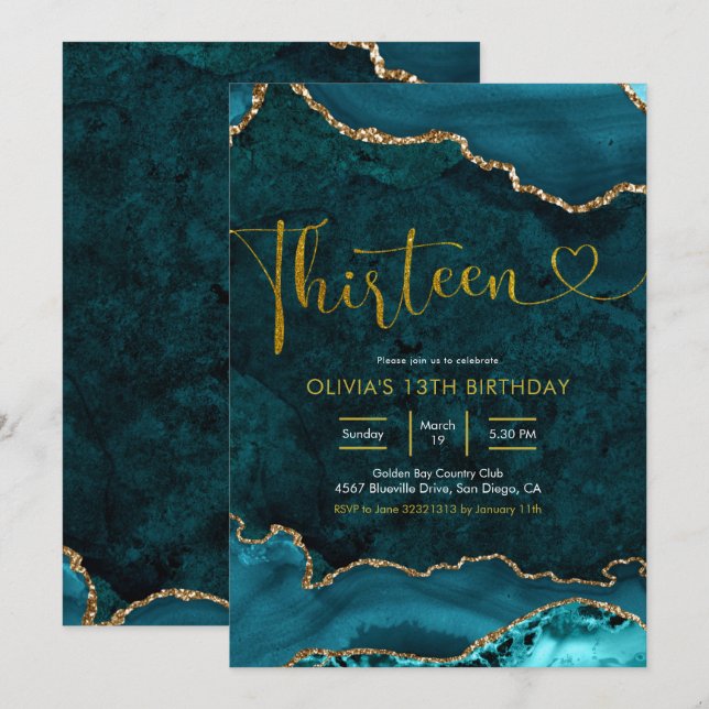Turquoise et or Agate 13e anniversaire Invitation (Devant / Derrière)