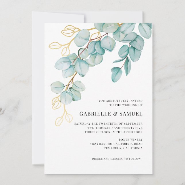 Turquoise et or Eucalyptus Greenery Mariage Invita (Devant)