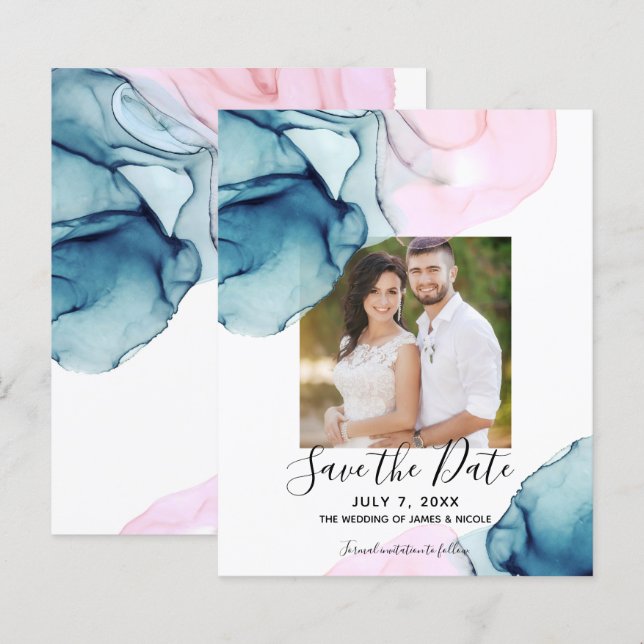Turquoise Ethéré Rose Élégant Encre Save the Date (Devant / Derrière)