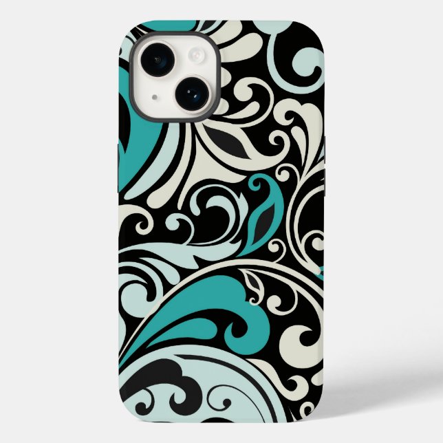 Turquoise Floral Grilles iPhone 14 Coque (Verso)
