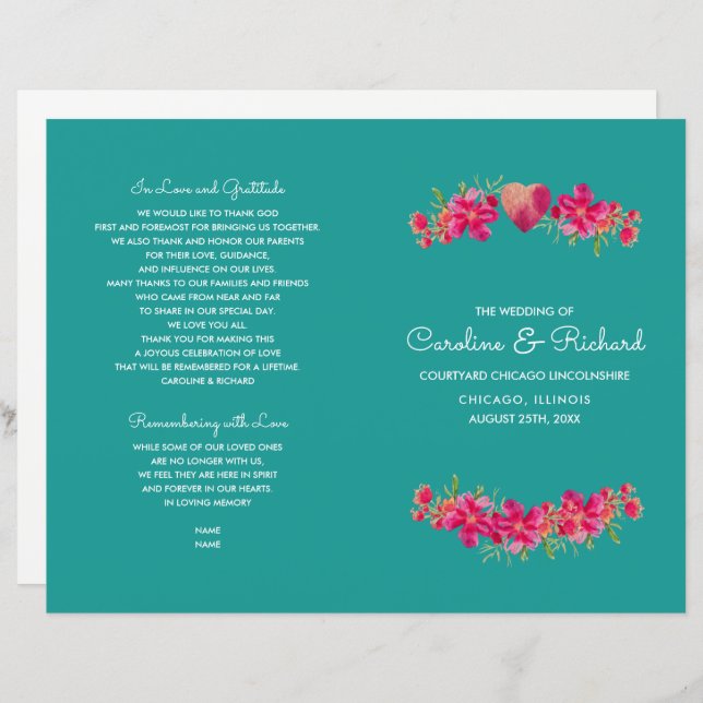 Turquoise Fuchsia Floral Wedding Programmes (Devant / Derrière)