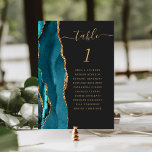 Turquoise Gold Agate Dark Mariage Numéro de table<br><div class="desc">Le bord gauche de cette élégante carte de numéro de table mariage moderne comporte une bordure turquoise aquarelle ornée d'une parties scintillant en faux or. Le mot "table" apparaît dans un script d'écriture manuscrite de couleur or sur un arrière - plan non noir. Ajoutez les noms de vos invités qui...</div>