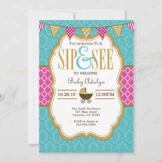 Turquoise Gold Hot rose Sip Et Voir Invitation