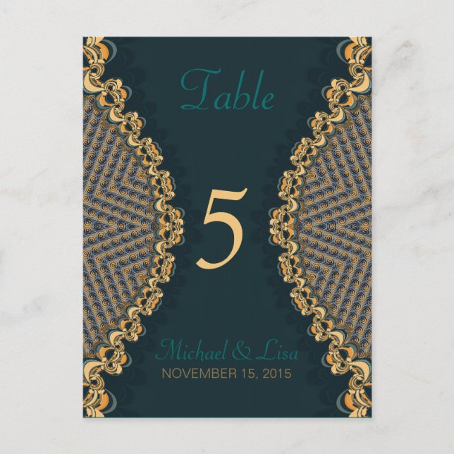 Turquoise+Gold Lace Invité Numéro de table et menu (Devant)