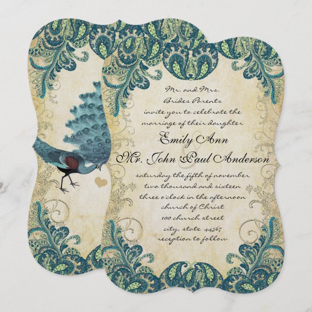 Turquoise Gold Vert Peacock bleu invitation de mar (Devant / Derrière)