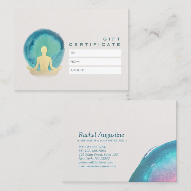 Turquoise Gold Watercolor YOGA Studio Certificat c (Devant / Derrière)