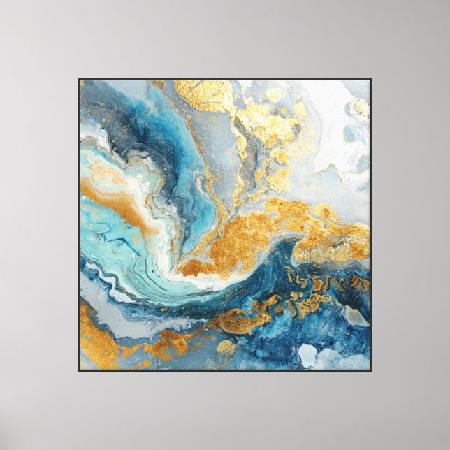 Turquoise Gold Wave – Art mural abstrait fluide  (Recto)