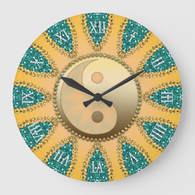 Turquoise Gold YinYang FengShui Horloge de la déco (Recto)