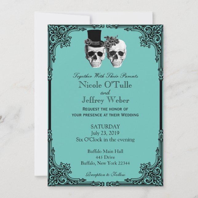 Turquoise Goth Sugar Skull Faire-part de mariage (Devant)