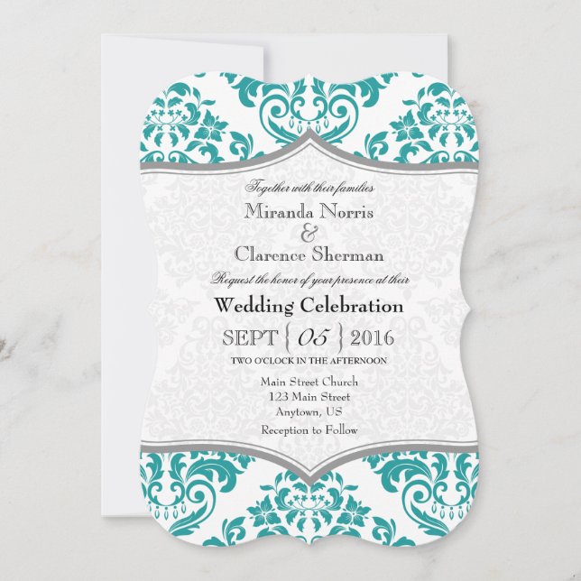 Turquoise Gray Damask Bracket Wedet Invitation (Devant)