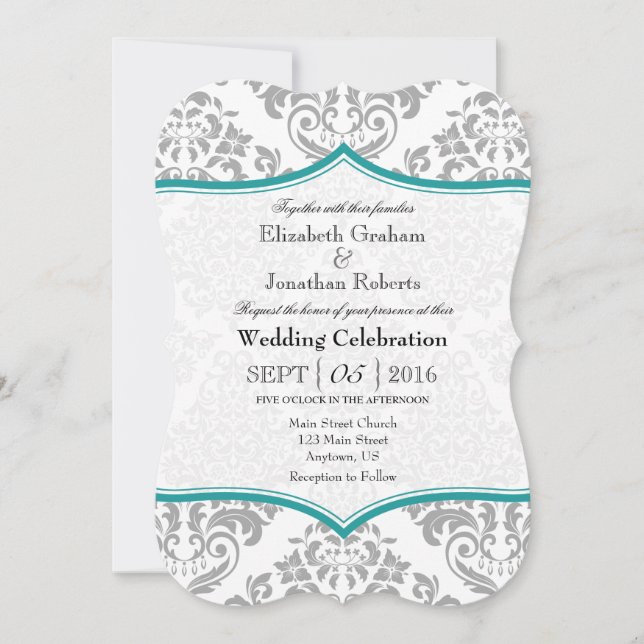 Turquoise Gray Damask Bracket Wedet Invitation (Devant)