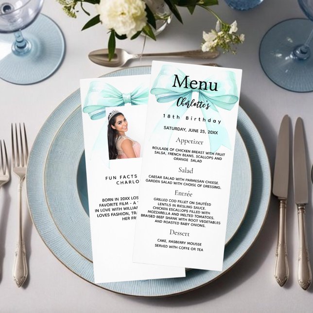Turquoise green bow photo fun faits carte menu d'a (Créateur téléchargé)