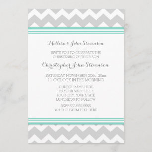 Turquoise Grey Chevron Christening Invitation