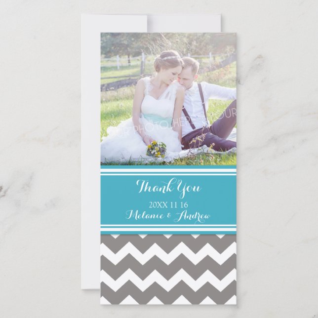 Turquoise Grey Chevron Merci Cartes photos Mariage (Devant)