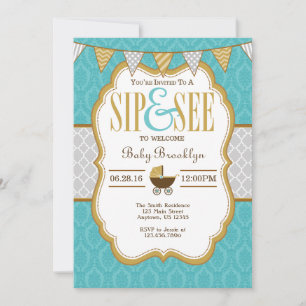 Turquoise Gris Gris Or Sip Et Voir Invitation