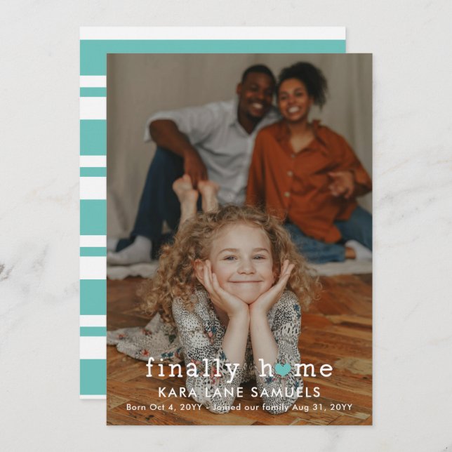 Turquoise Heart Enfin Accueil Faire-part d'adoptio (Devant / Derrière)