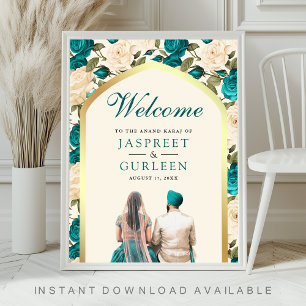 Turquoise ivoire Floral Anand Karaj Affiche de bie