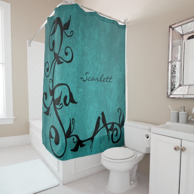 Turquoise Lovebirds rideau de douche personnalisé (En situation)