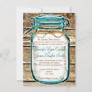 Turquoise Mason Jar Wood Invitations de mariage ru