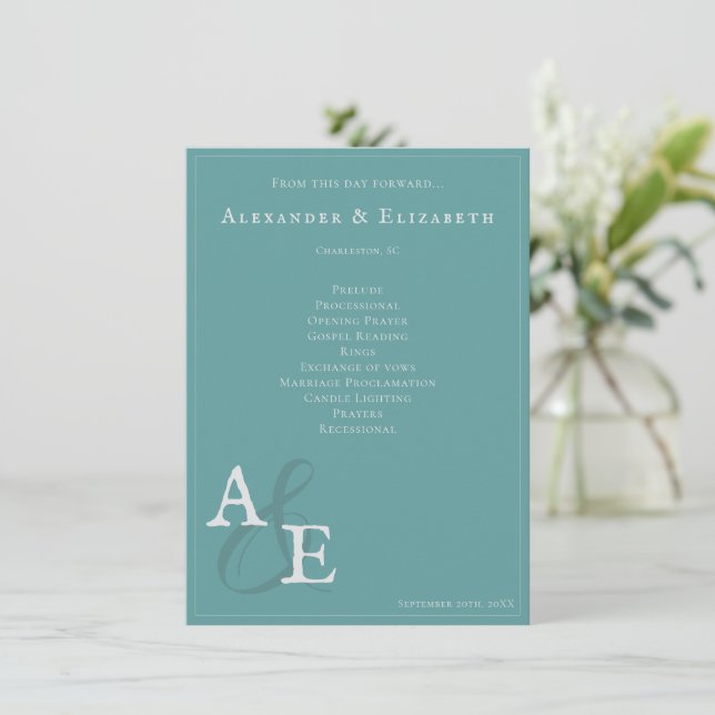 Turquoise minimaliste Monogramme programme de mari (Debout devant)