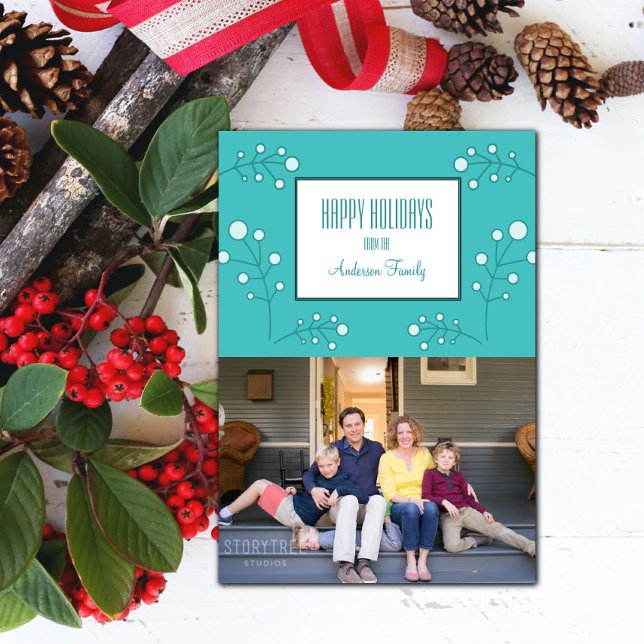 Turquoise Modern Berry Carte photo de vacances (Turquoise Modern Berry Holiday Photo Card)