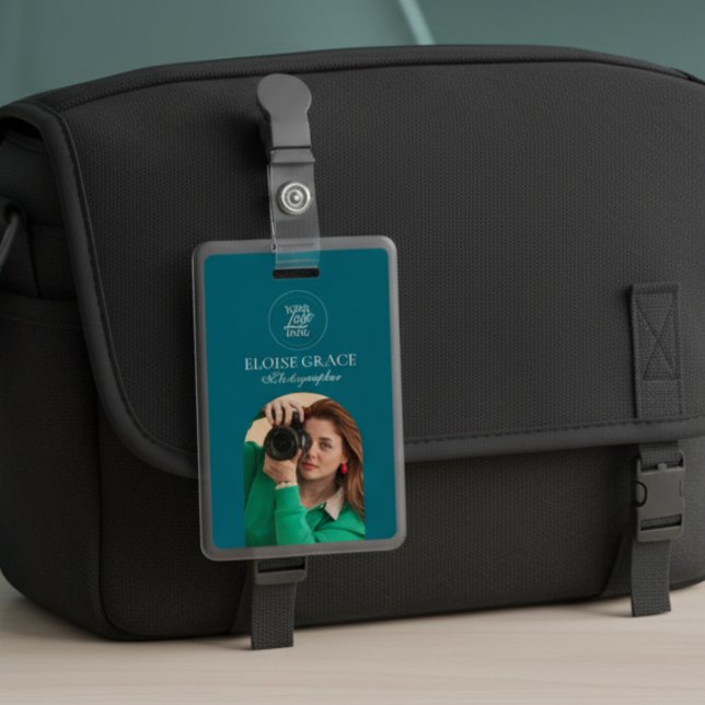 Turquoise Modern Logo Photo Photographer Badge (This modern business ID tag features a headshot photo and logo!)