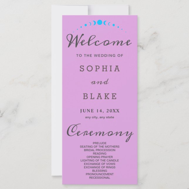 Turquoise Moon Phases Plum Purple Wedding Programm (Devant)