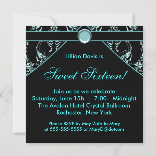 Turquoise noir Damask Sweet sixteen Invitation (Devant)