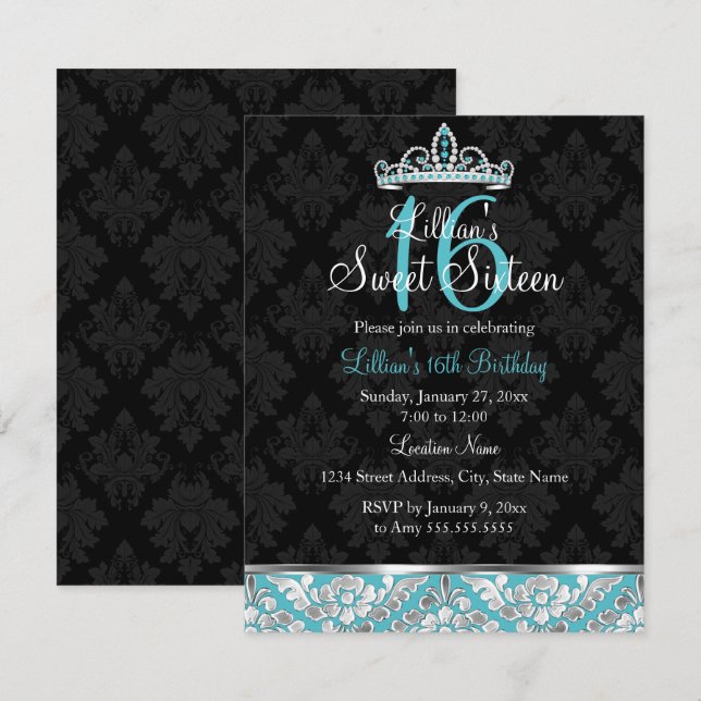 Turquoise noir Damask & Tiara Sweet 16 Invitation (Devant / Derrière)