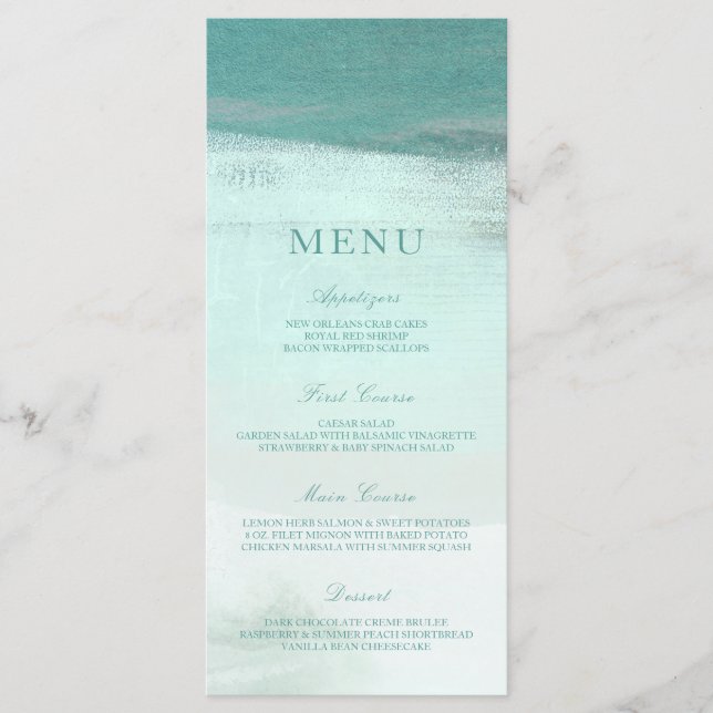 Turquoise Ombre Watercolor Beach Wedding Menu (Devant)