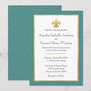 Turquoise & Or Fleur De Lis Faire-part de mariage
