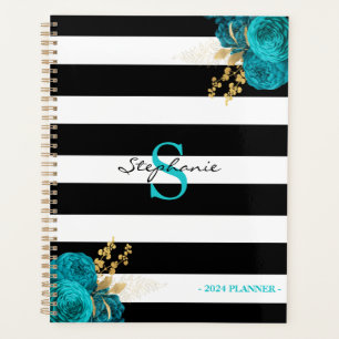 Turquoise Or Floral Monogramme Rayures Noires 2024