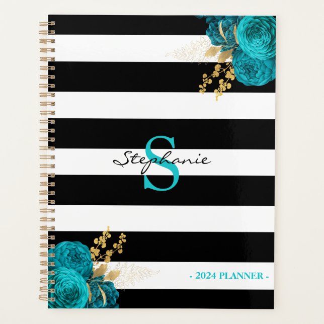 Turquoise Or Floral Monogramme Rayures Noires 2024 (Devant)