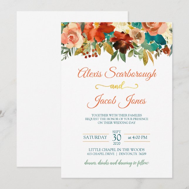 Turquoise, orange et or Faire-part de mariage flor (Devant / Derrière)