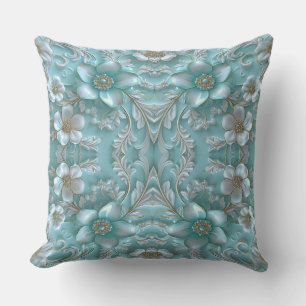 Turquoise Oreiller à lancer floral blanc