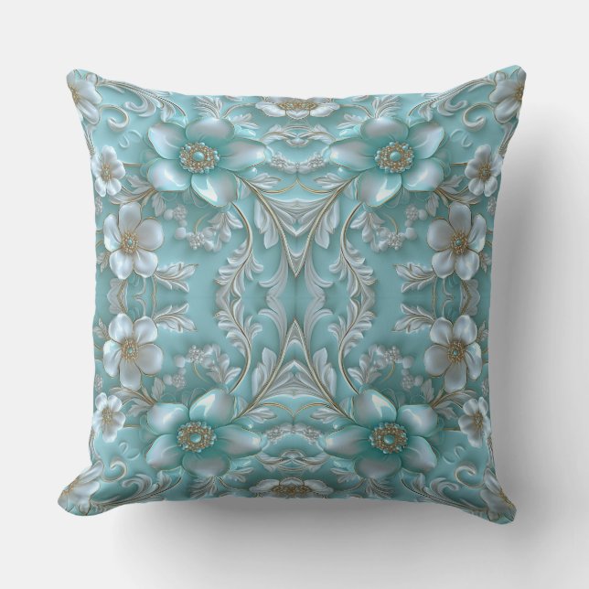 Turquoise Oreiller à lancer floral blanc (Recto)