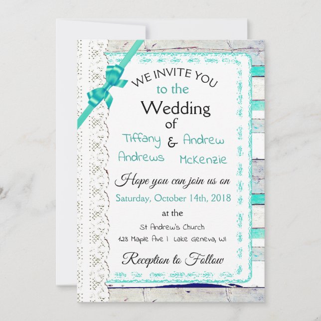 Turquoise Patiné Bois Rustique Lace Invitations (Devant)