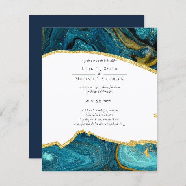 Turquoise Peacock Blue Gold Agate Mariage (Devant / Derrière)