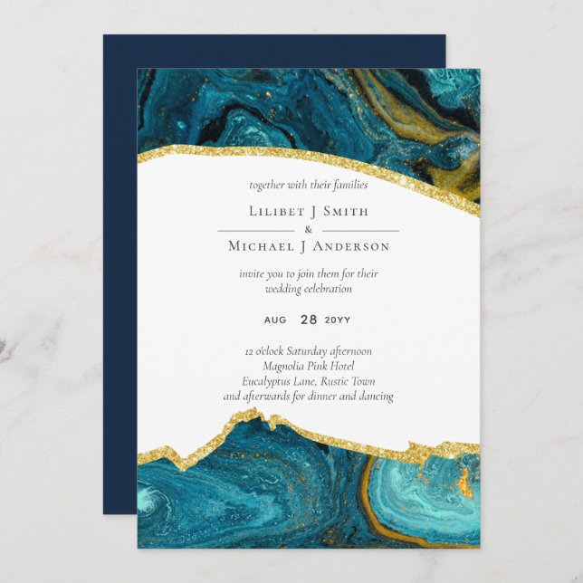 Turquoise Peacock Blue Gold Agate Mariage (Devant / Derrière)