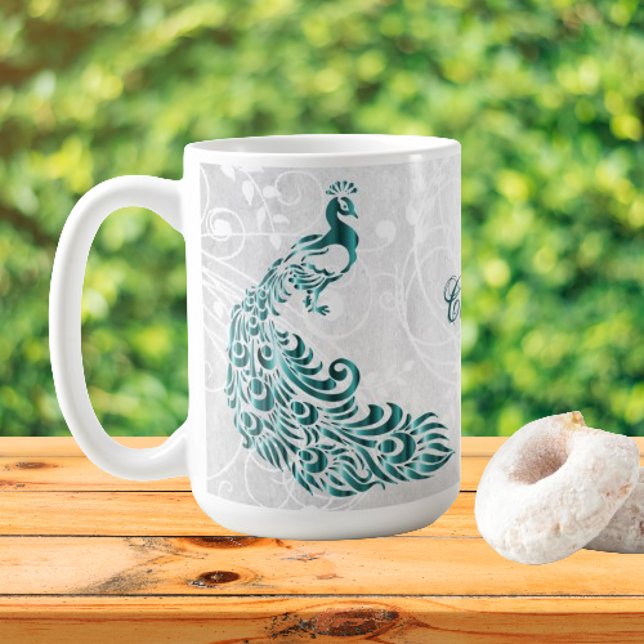 Turquoise Peacock Personnalisé Café Mug (Teal Peacock Personalized Coffee Mug)