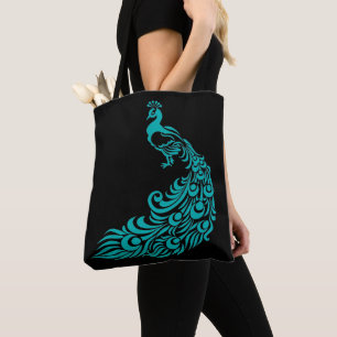 Turquoise Peacock Silhouette Sac fourre-tout noir