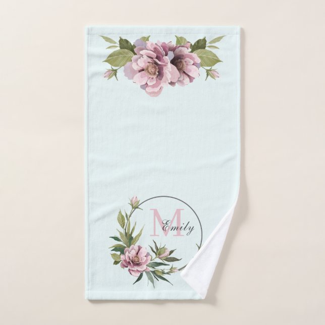 Turquoise, pivoines roses personnalisé monogramme  (Serviette à main)