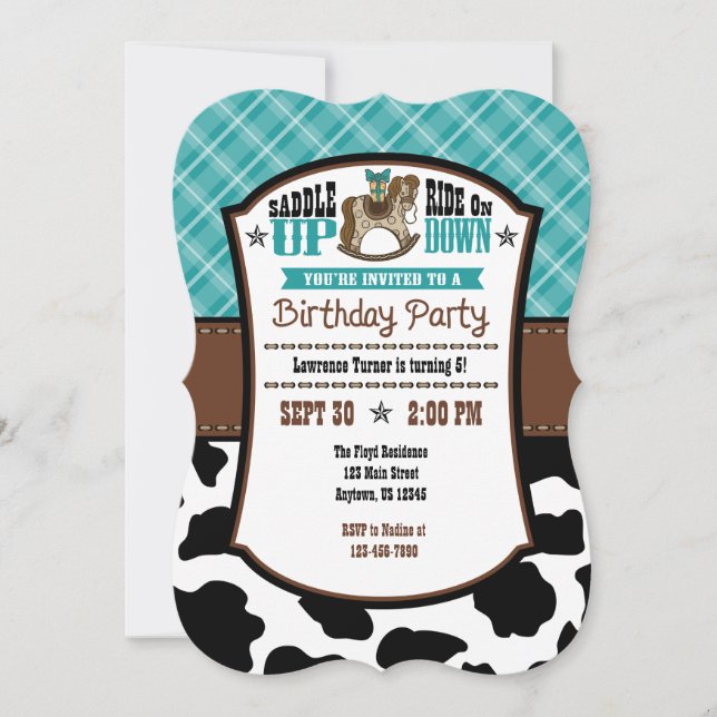 Turquoise Plaid Cowhide Cowboy Invitation d'annive (Devant)