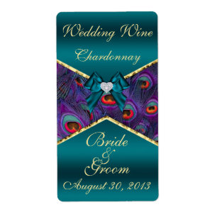 Turquoise Plum Peacock Mariage Vin Étiquette