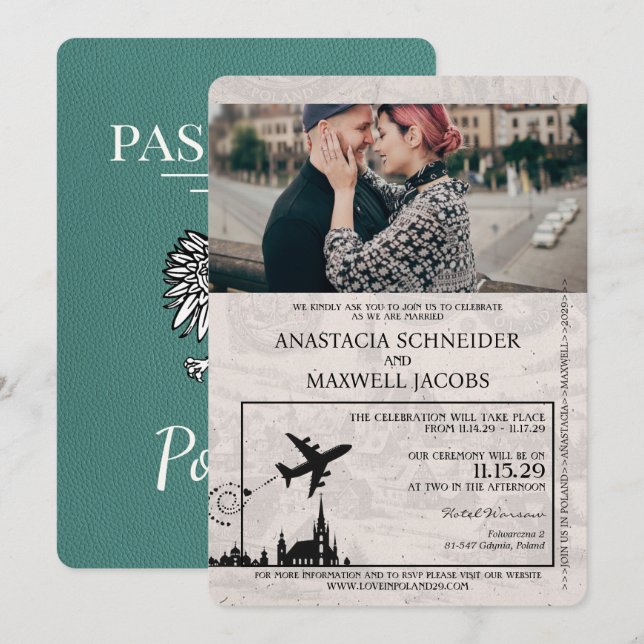 Turquoise Pologne Passeport Faire-part de mariage (Devant / Derrière)