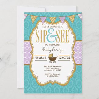 Turquoise Purple Gold Sip Et Voir Invitation