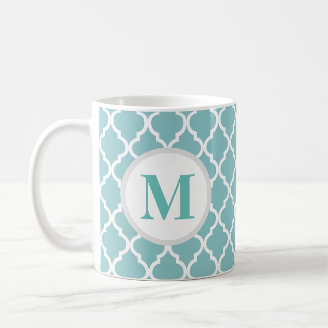 Turquoise Quatrefoil Marocain Monogramme Café Mug (Gauche)
