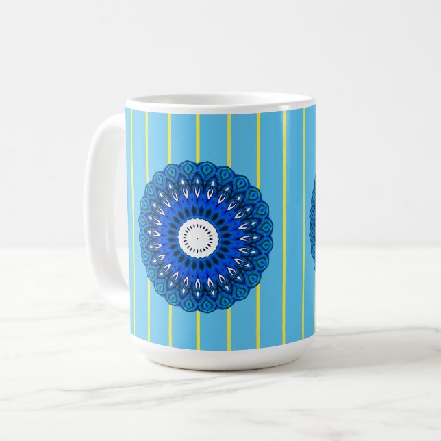Turquoise rayé et bleu Mandala Mug (Devant gauche)